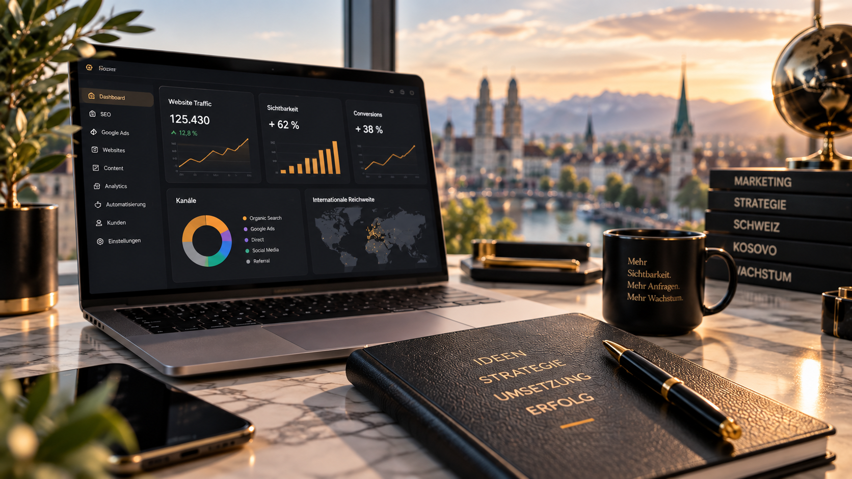Arbeitsplatz mit Dashboard für digitales Marketing und Strategie
