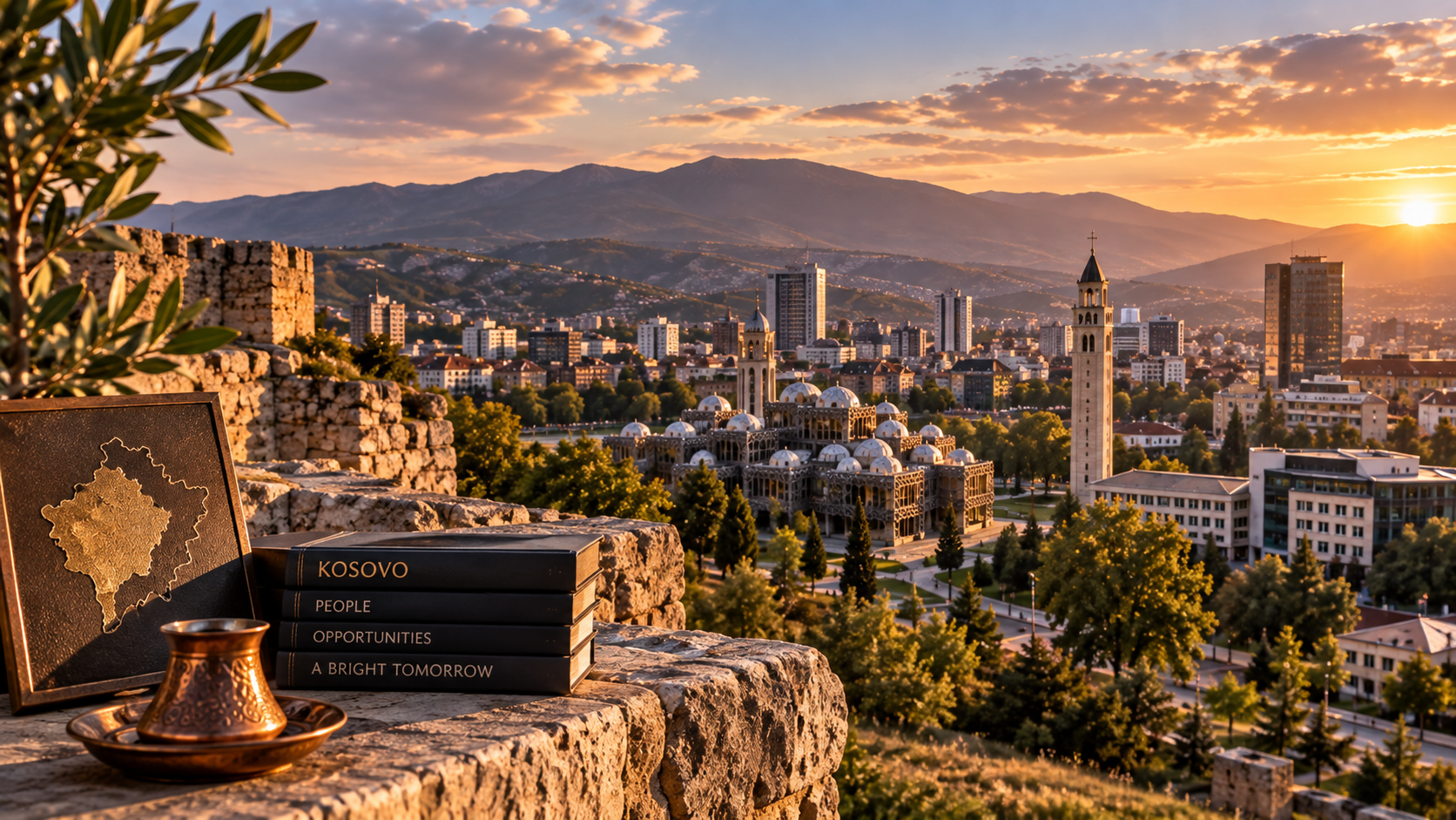 Peizazh qyteti në dritën e mbrëmjes, me filxhan kafeje dhe motiv të Kosovës në plan të parë